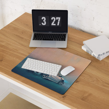 Acura NSX inspired pearl widebody desk mat featuring a vibrant gradient and silver sports car on blue and orange background