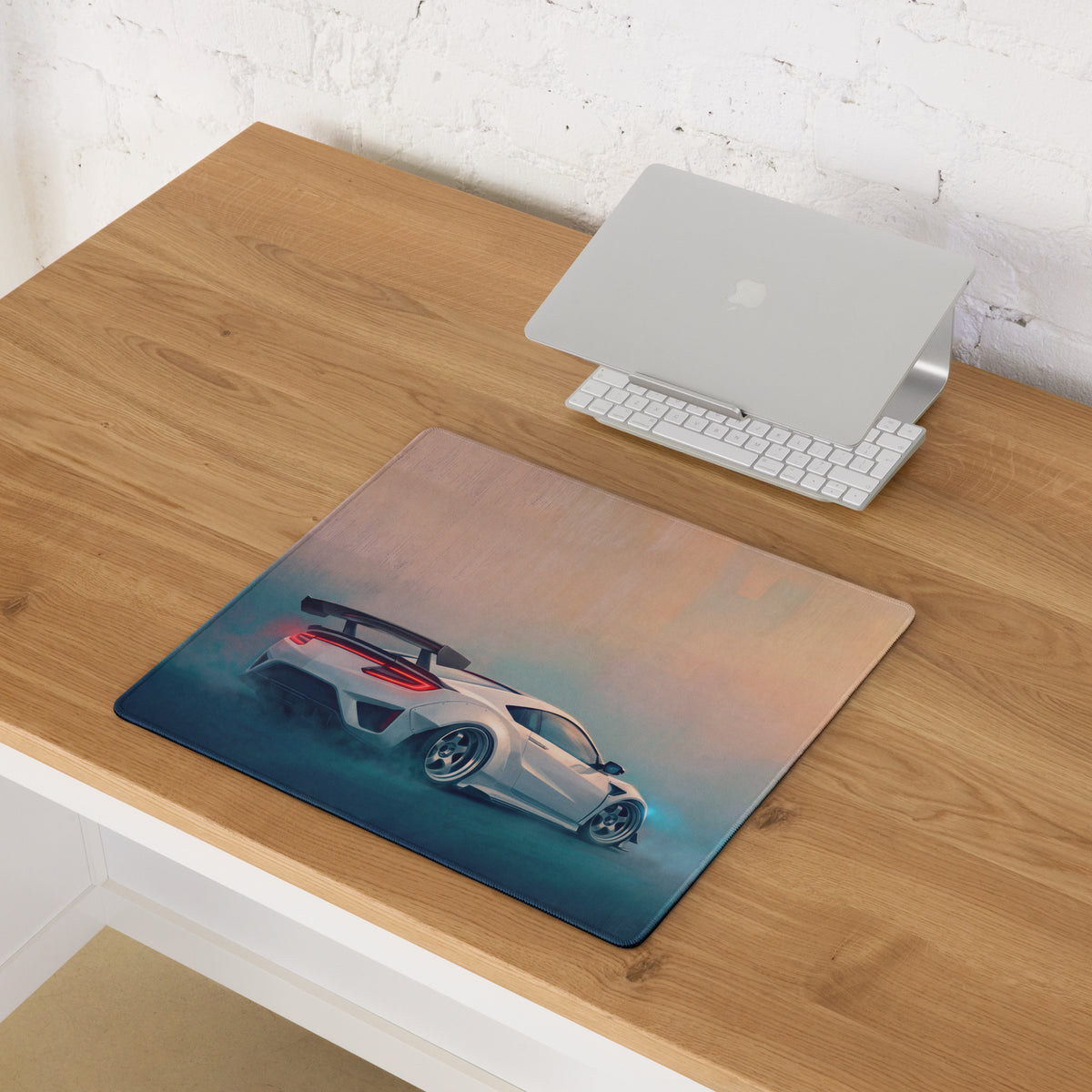 White sports car graphic acura nsx inspired pearl widebody desk mat with glossy finish and dynamic motion blur effect