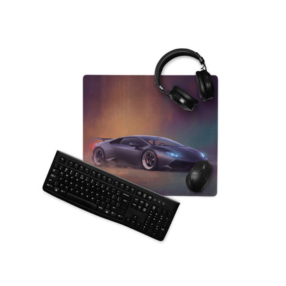 Black gaming mousepad with stitched edges featuring a glossy dark gray lamborghini huracán and blue headlights design
