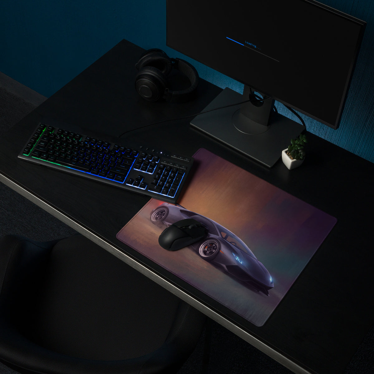 A sleek rectangular Lamborghini Huracán inspired stealth onyx gaming mousepad with a vibrant futuristic silver sports car graphic