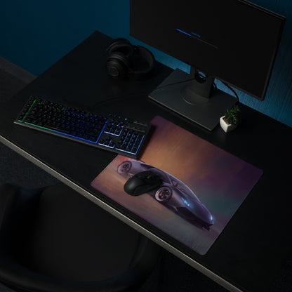 A sleek rectangular Lamborghini Huracán inspired stealth onyx gaming mousepad with a vibrant futuristic silver sports car graphic