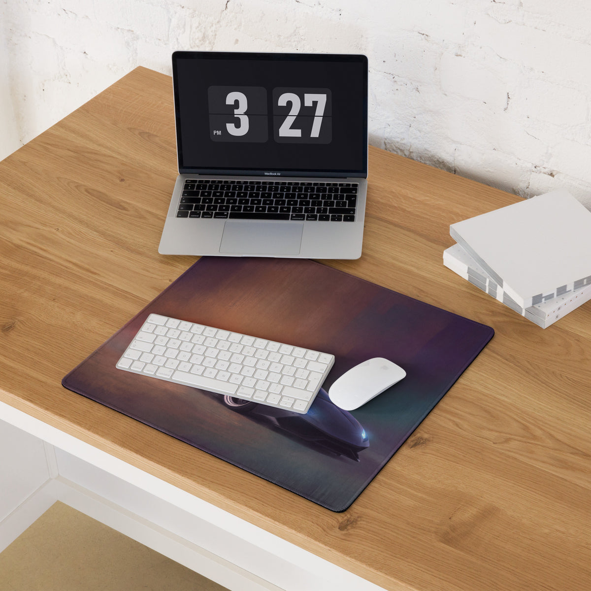 Rectangular stitched edge gaming mousepad with purple black gradient space design featuring glowing spaceship inspired by lamborghini huracán