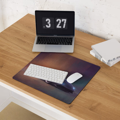 Rectangular stitched edge gaming mousepad with purple black gradient space design featuring glowing spaceship inspired by lamborghini huracán