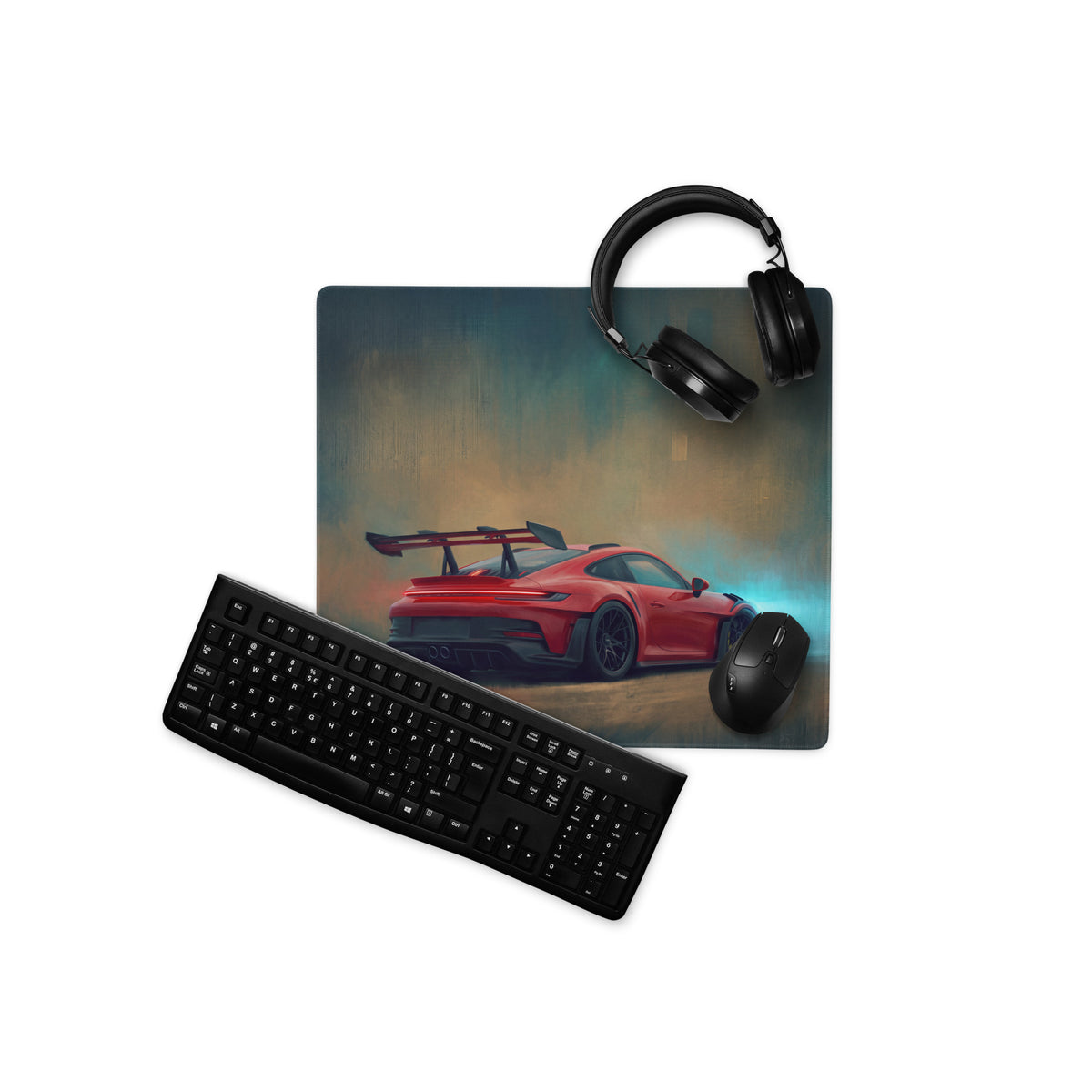 Red sports car graphic on a crimson porsche 911 gt3 rs inspired xl gaming mousepad for high-precision use
