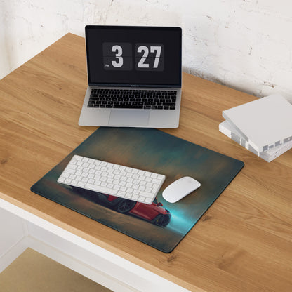Rectangular xl gaming mousepad with printed red porsche 911 gt3 rs on dark atmospheric background