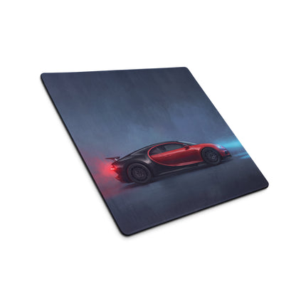 Dark gray cloth Bugatti Chiron Sport inspired desk mat mousepad with red and black sports car graphic and low friction surface