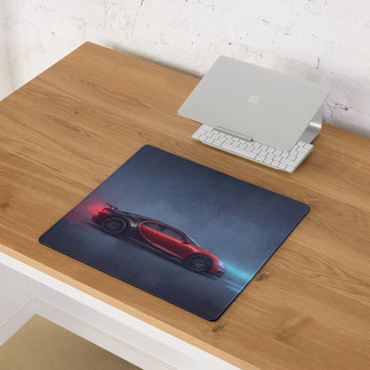 Rectangular low-friction cloth mousepad featuring a vibrant red bugatti chiron with glowing blue and red lights on dark background