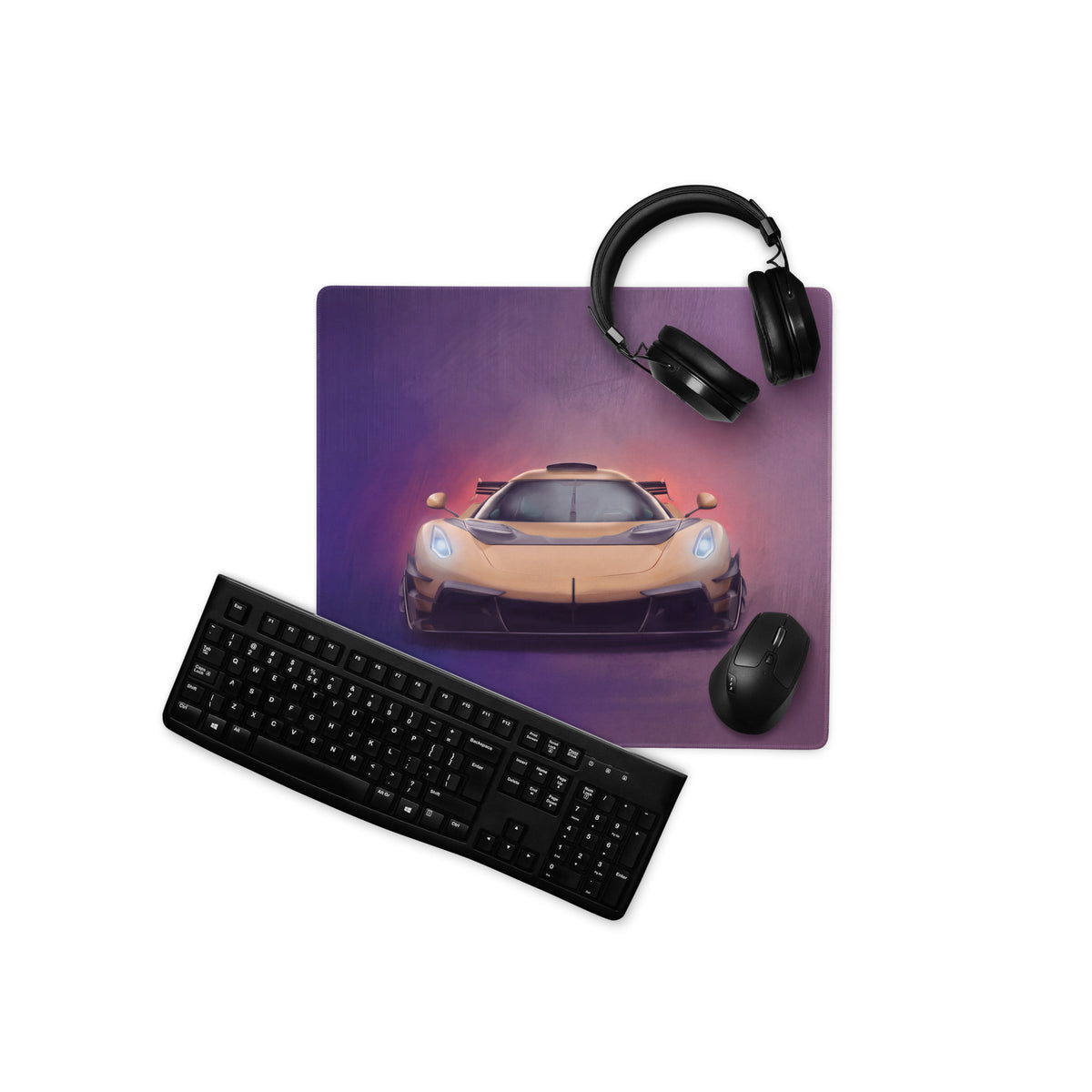 Purple rectangular koenigsegg jesko inspired gold frontale desk mat with vibrant gold sports car illustration for gaming