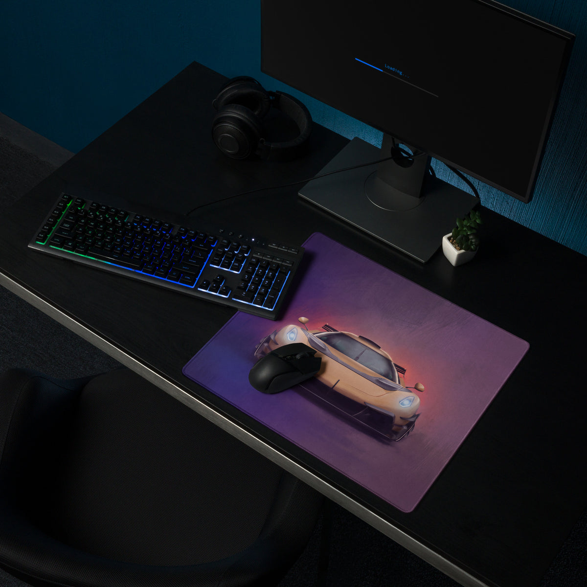 Purple high-precision xl gaming mousepad with koenigsegg jesko inspired orange sports car graphic desk mat