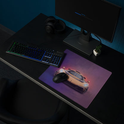 Purple high-precision xl gaming mousepad with koenigsegg jesko inspired orange sports car graphic desk mat