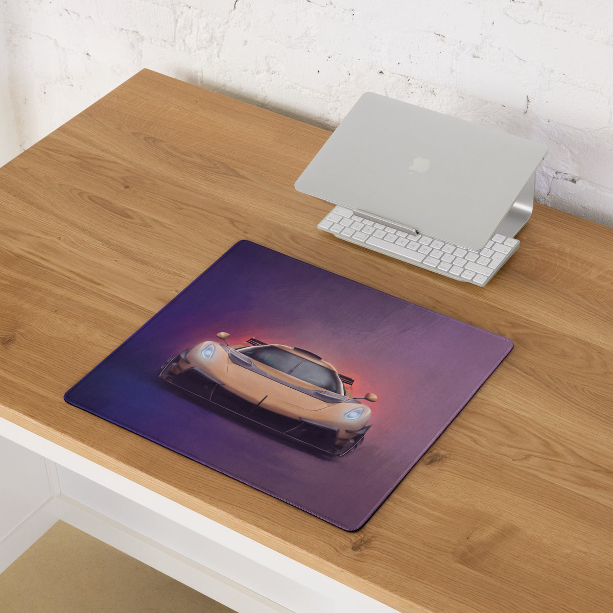 Purple koenigsegg jesko inspired gold frontale xl gaming mousepad with tan sports car illustration and glowing headlights