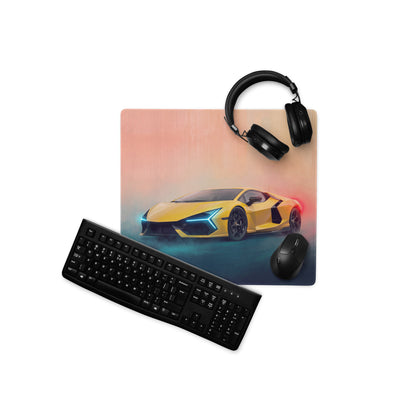 Yellow Lamborghini Revuelto inspired giallo electra desk pad with stitched edge and ultra-glide surface near keyboard and headset