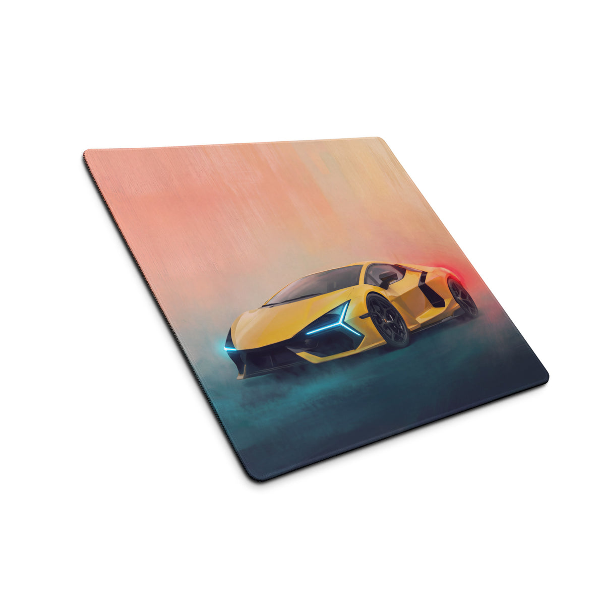 Yellow lamborghini sports car graphic printed on a giallo electra desk pad with ultra-glide stitched edge for gaming