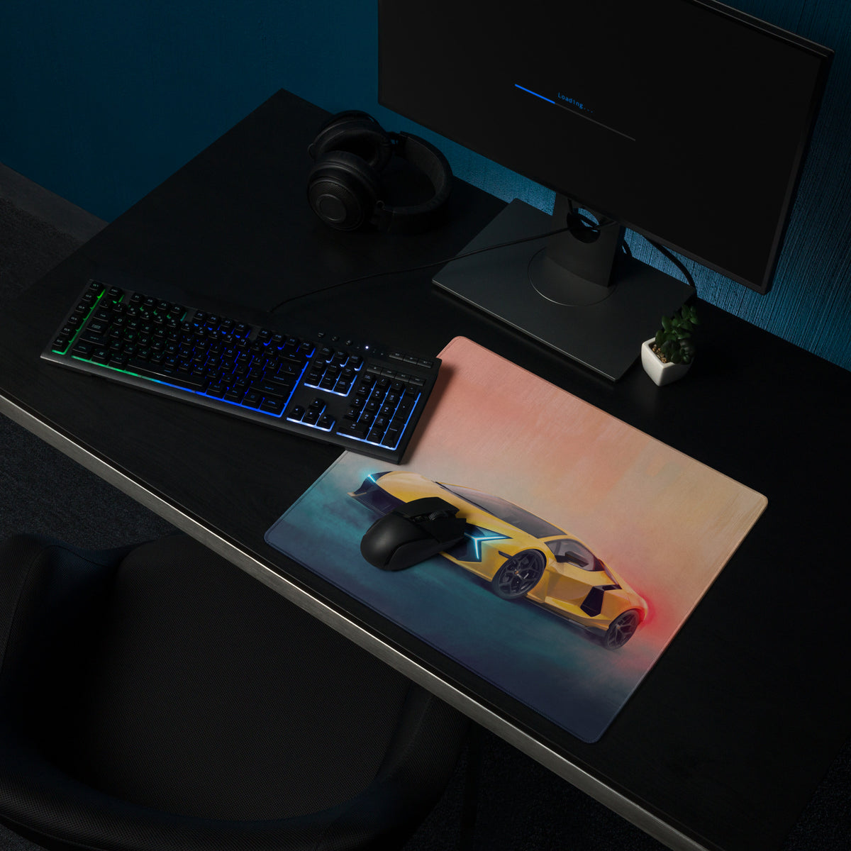 A rectangular ultra-glide stitched edge gaming mousepad featuring a yellow Lamborghini Revuelto inspired sports car design