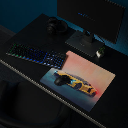 A rectangular ultra-glide stitched edge gaming mousepad featuring a yellow Lamborghini Revuelto inspired sports car design