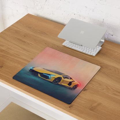 Yellow lamborghini sports car graphic on a giallo electra ultra-glide stitched edge gaming mouse pad with gradient background