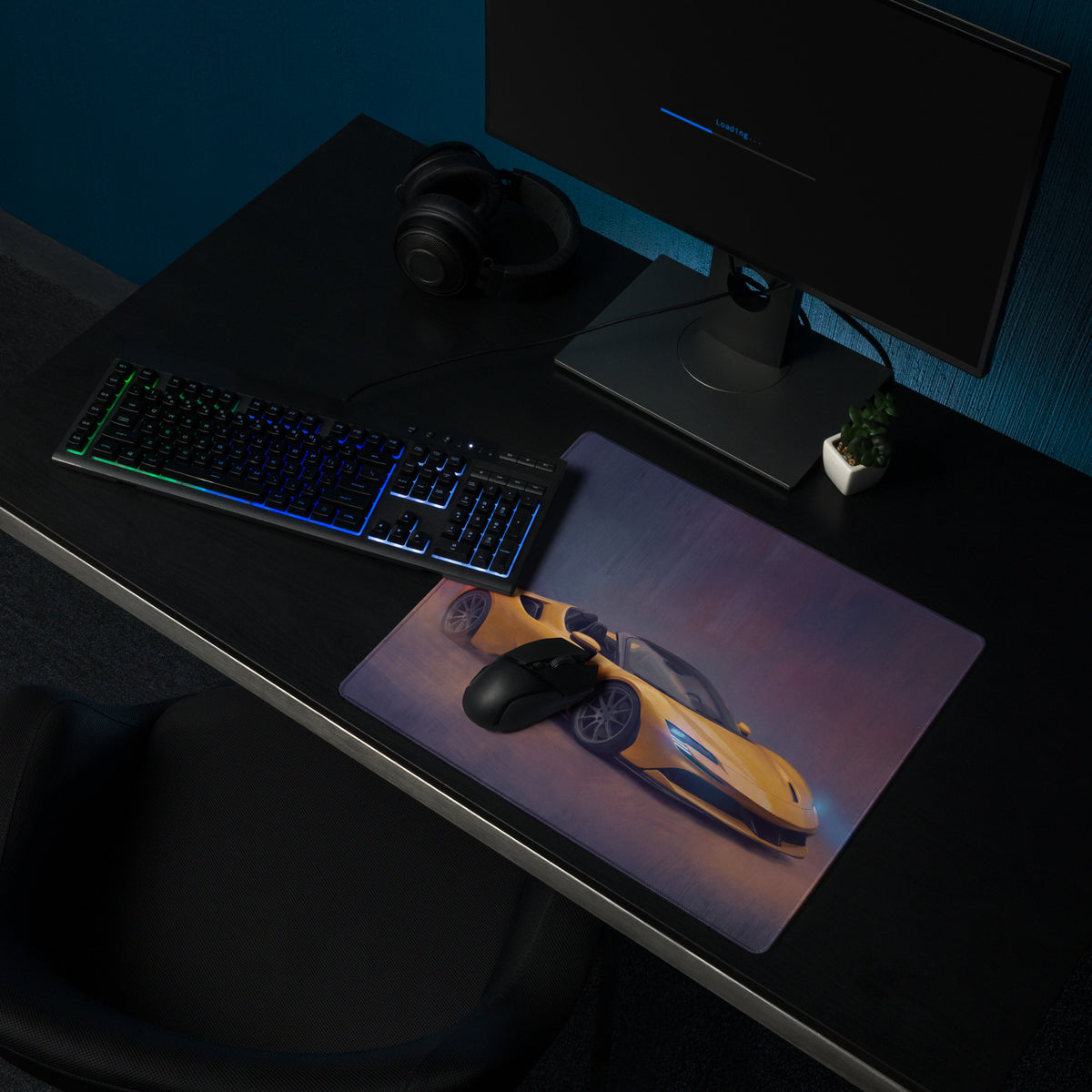 Yellow ferrari sf90 spider inspired sports car graphic low-friction cloth mousepad with black gaming mouse on top
