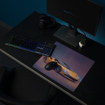Yellow ferrari sf90 spider inspired sports car graphic low-friction cloth mousepad with black gaming mouse on top