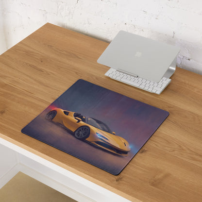 A rectangular low-friction cloth mousepad featuring a vibrant yellow Ferrari SF90 Spider on a dark gradient background