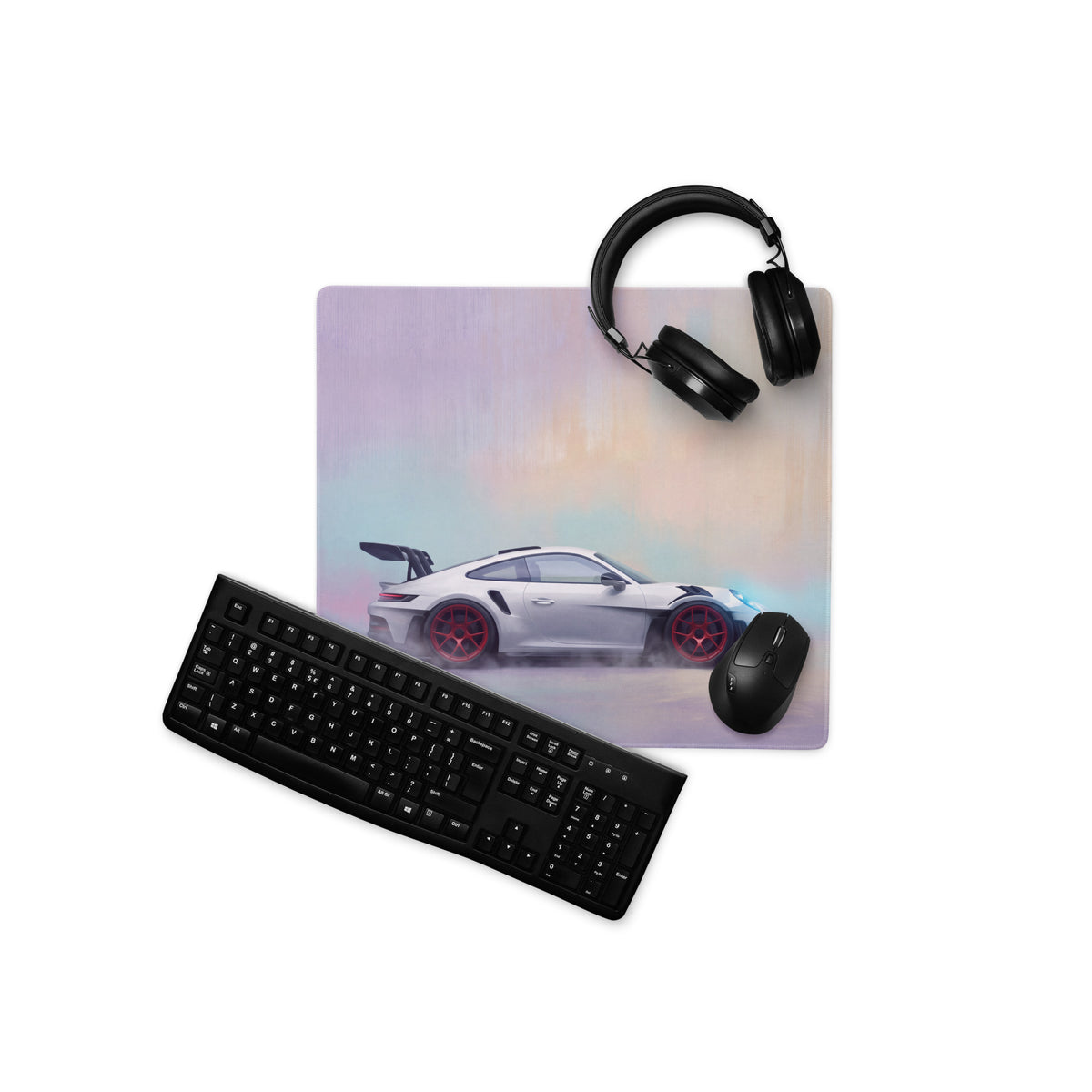 A sleek white porsche 911 gt3 rs inspired extended non slip pastel desk pad with red rims sports car design
