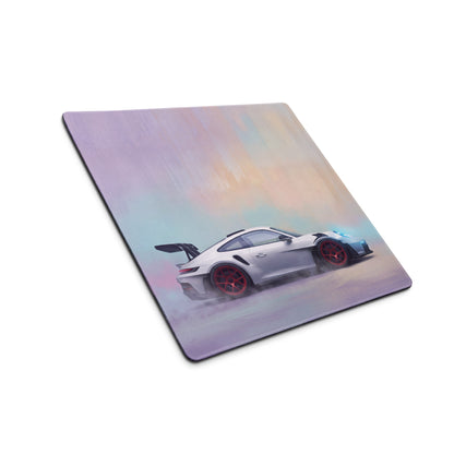 Silver porsche 911 gt3 rs inspired extended desk pad with red rim accents and pastel gradient non-slip surface