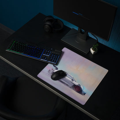 Porsche 911 gt3 rs inspired chalk red accent extended non slip gaming mousepad with white sports car graphic
