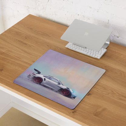 Porsche 911 gt3 rs inspired chalk red accent rectangular non-slip desk pad with white sports car and red wheels design