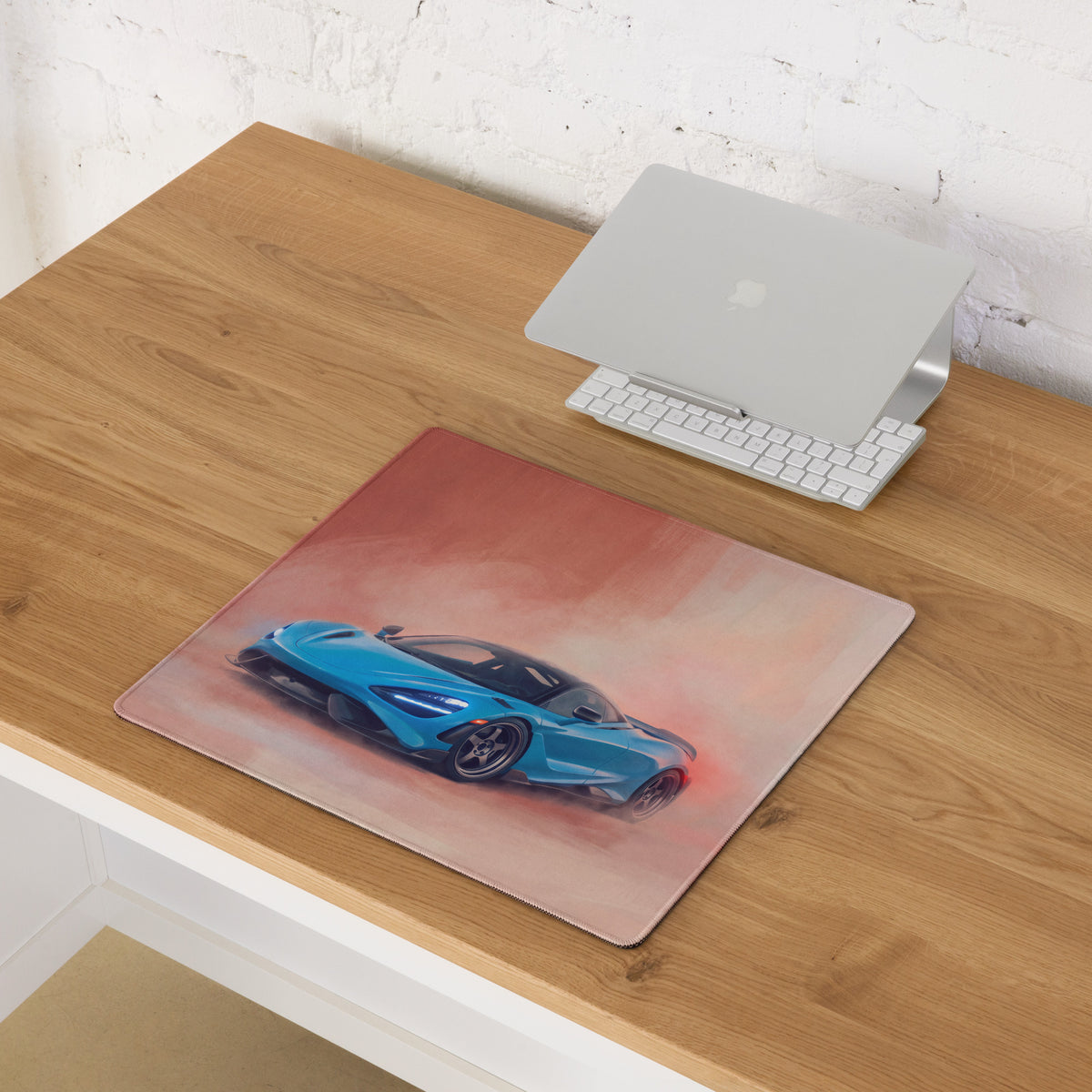 Blue mclaren 765lt inspired curacao blue xl gaming mousepad with sports car graphic and subtle gradient background