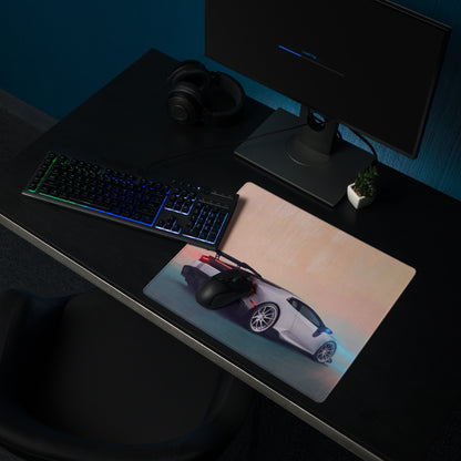 A sleek rectangular non slip gaming mousepad featuring a vibrant white and red lamborghini huracán graphic with blue lighting effects