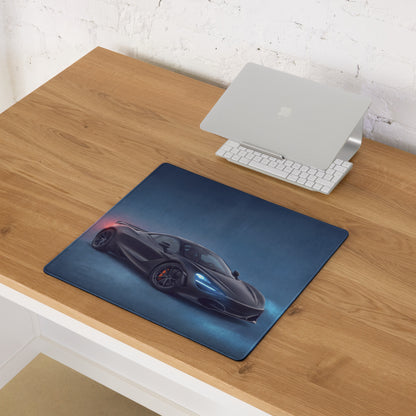 Dark blue rectangular high-precision gaming mousepad featuring a black sports car graphic with glowing headlights and red taillights