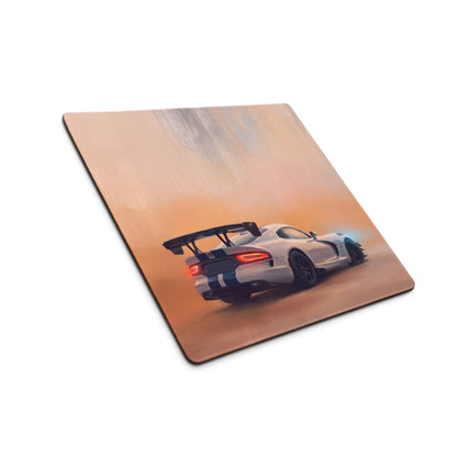 Dodge Viper acr inspired gts blue stripe desk pad with white and blue racing car graphic on stitched edge gaming mouse mat