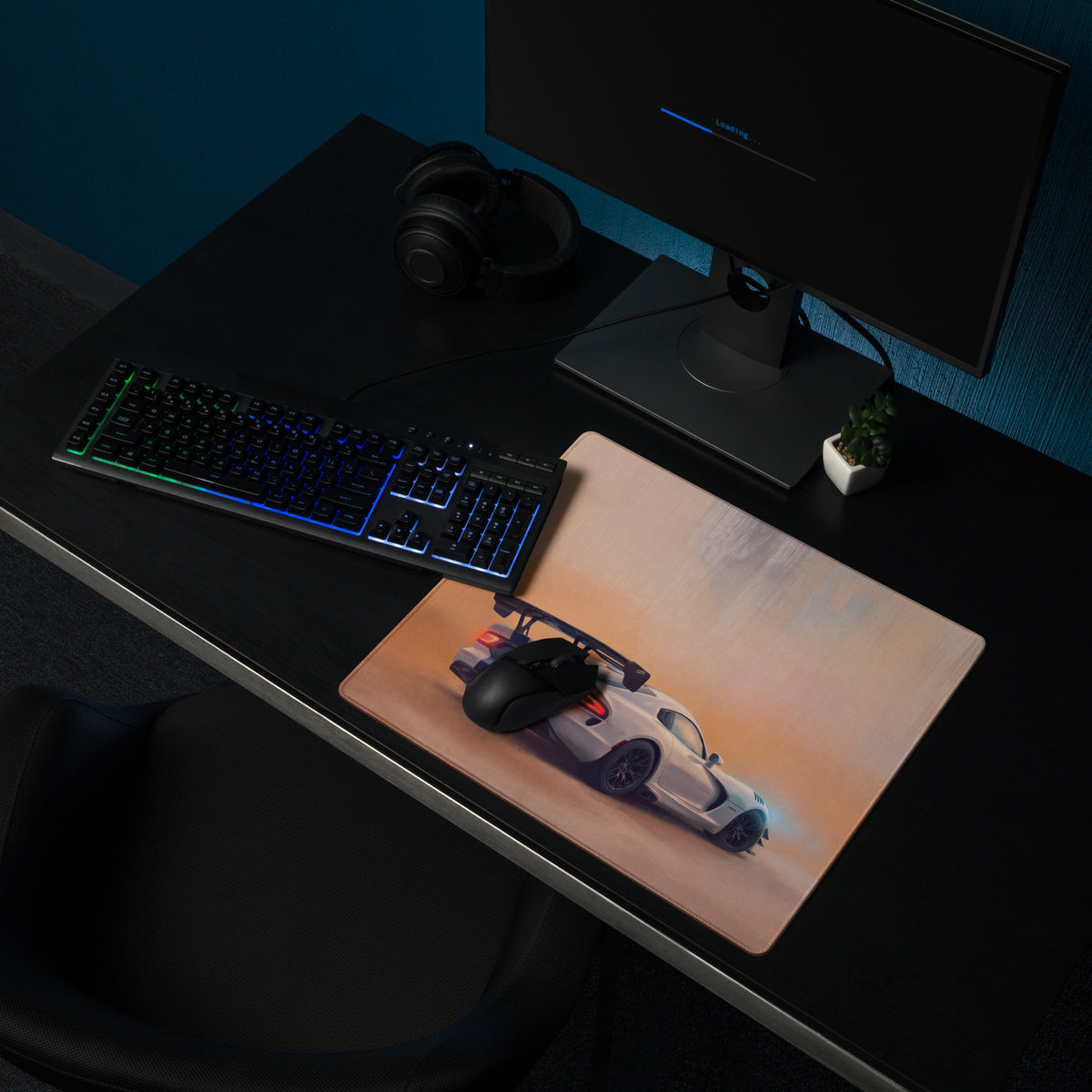 Rectangular dodge viper acr inspired gts blue stripe desk pad featuring white sports car and blue underglow on stitched edge mat