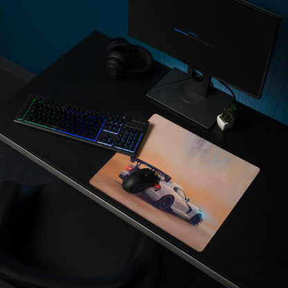 Rectangular dodge viper acr inspired gts blue stripe desk pad featuring white sports car and blue underglow on stitched edge mat