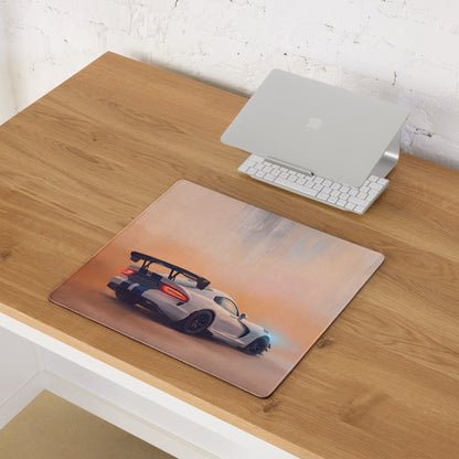 Rectangular dodge viper acr inspired gts blue stripe desk pad with white sports car and glowing blue exhaust design