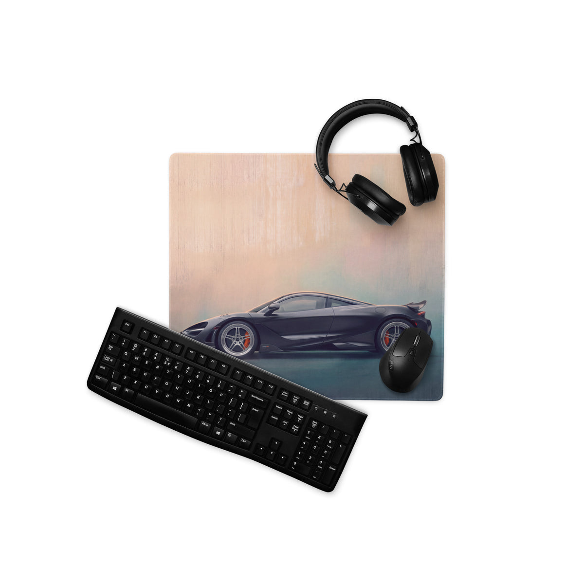 Black mclaren sports car graphic on rectangular low-friction cloth desk mat inspired by mclaren 765lt
