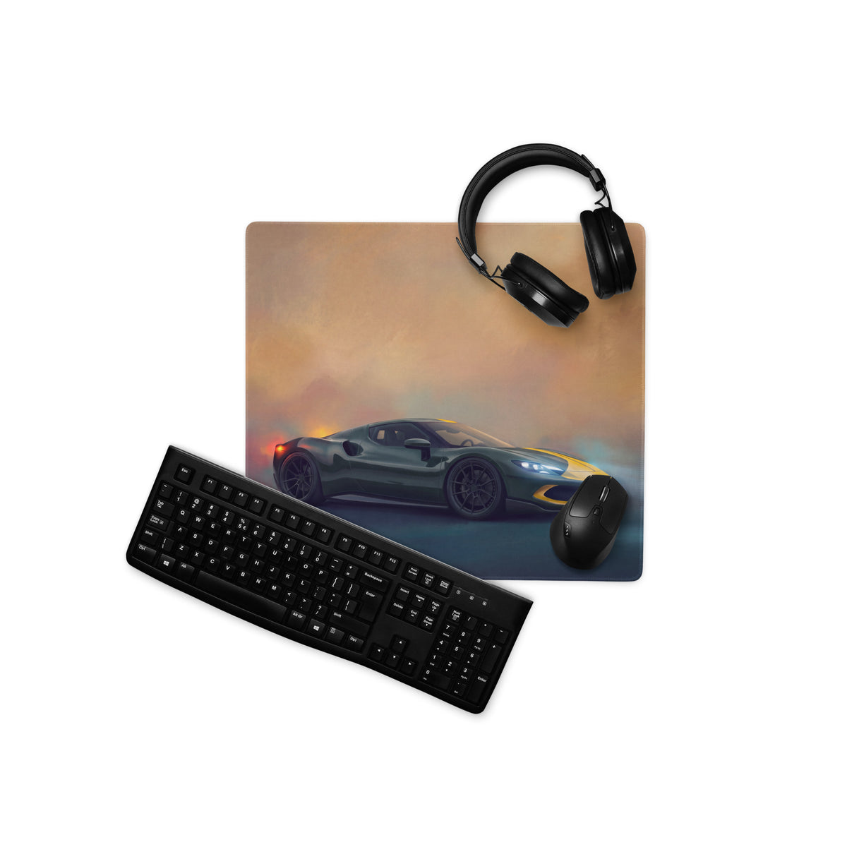 Black extended non-slip ferrari 296 gtb inspired assetto fiorano desk pad with green and yellow sports car design