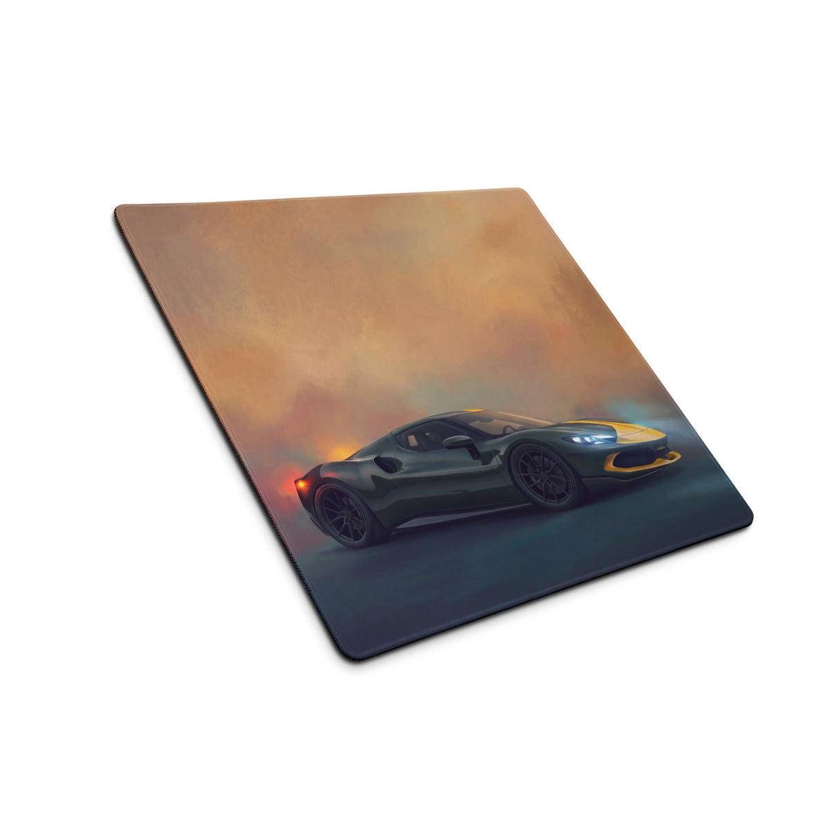 Ferrari 296 gtb inspired rectangular mousepad with dark green and yellow sports car graphic on non-slip surface