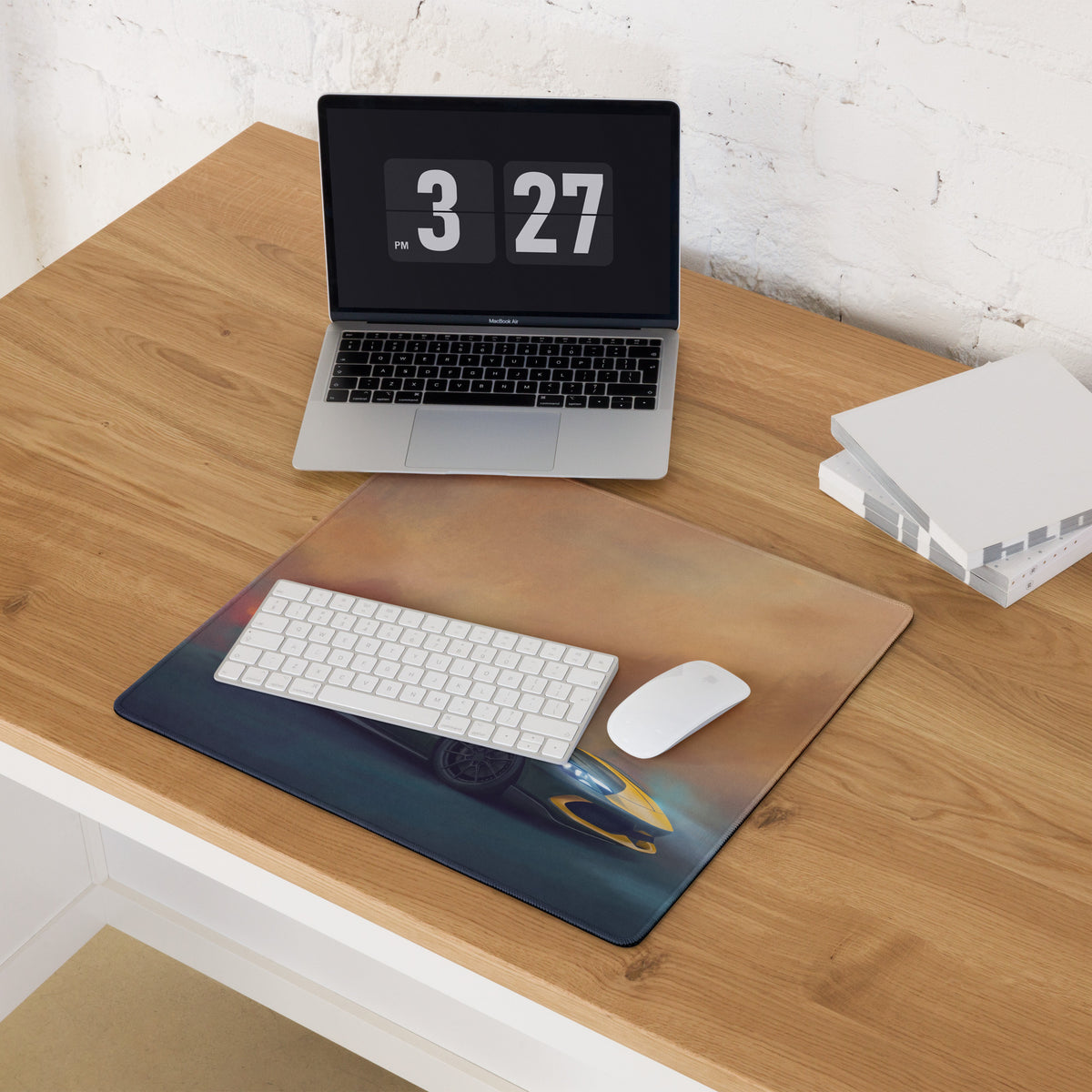 Rectangular Ferrari 296 GTB inspired Assetto Fiorano desk pad with vibrant yellow sports car graphic and glossy finish