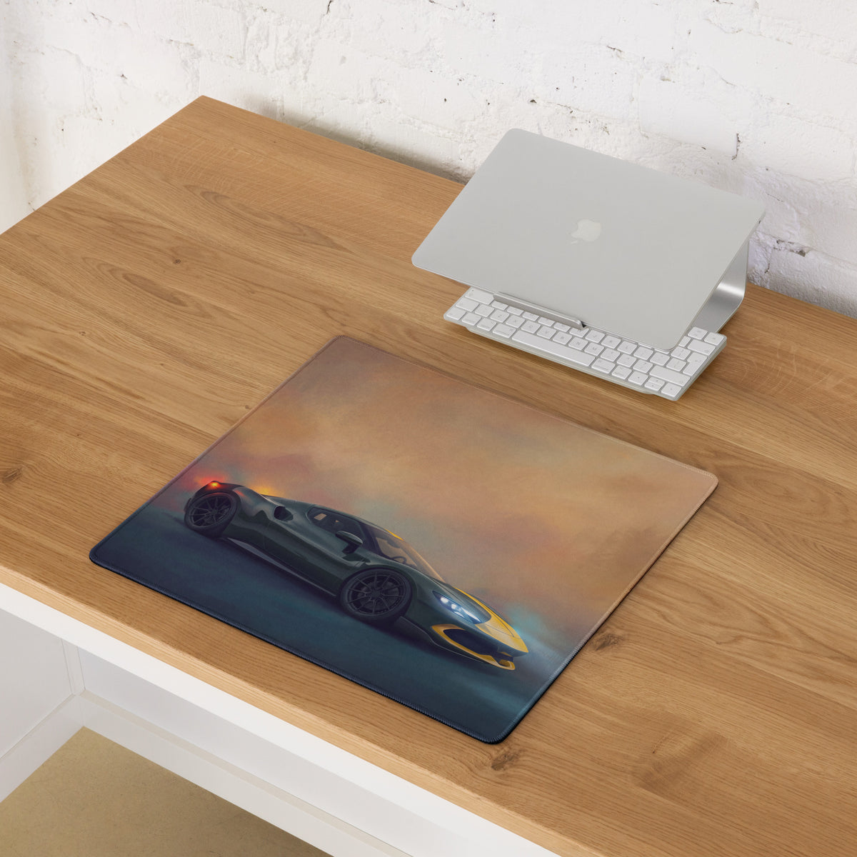 Rectangular non-slip pc mouse mat with dark green and yellow Ferrari 296 GTB inspired car and smoky orange backdrop
