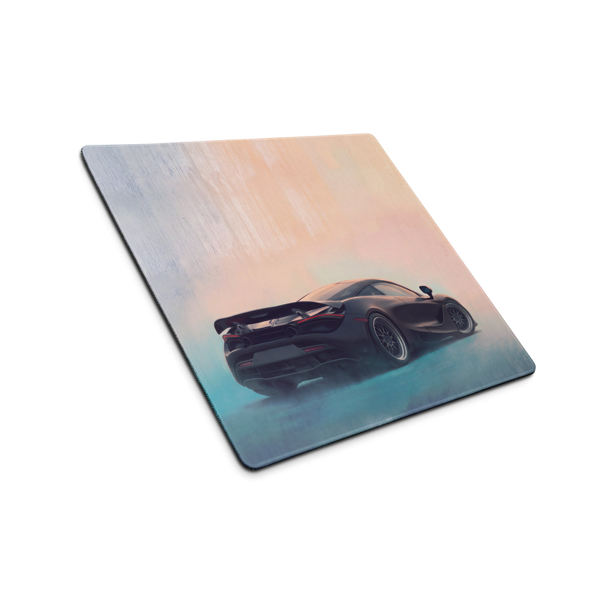 A sleek black porsche sports car on a peach to teal gradient soft-touch rectangular gaming mousepad with rounded corners