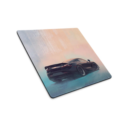A sleek black porsche sports car on a peach to teal gradient soft-touch rectangular gaming mousepad with rounded corners