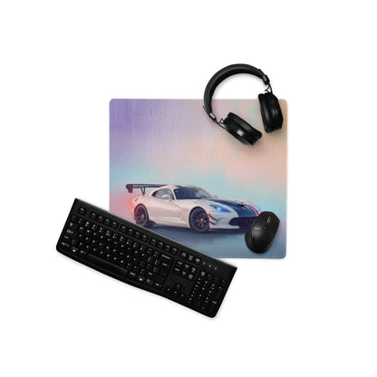 Dodge Viper ACR inspired black and white sports car graphic on stitched edge ultra glide gaming mousepad
