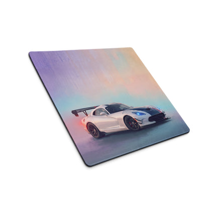Dodge viper acr inspired gts livery desk pad with white and black sports car graphic on pastel gradient background