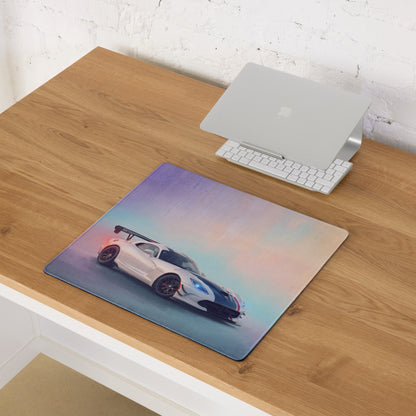 Rectangular dodge viper acr inspired gts livery desk pad with ultra-glide stitched edge featuring white black sports car
