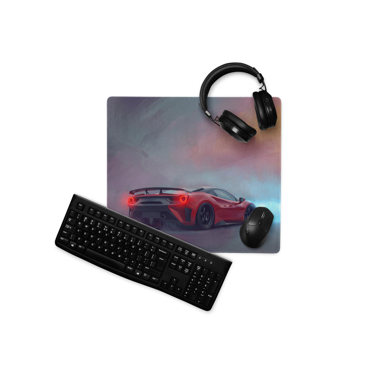 Ferrari 488 inspired crimson drift desk mat featuring a red sports car graphic on a low-friction cloth mousepad