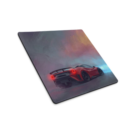 Ferrari 488 inspired crimson drift desk mat featuring a red sports car graphic on a low-friction cloth mousepad