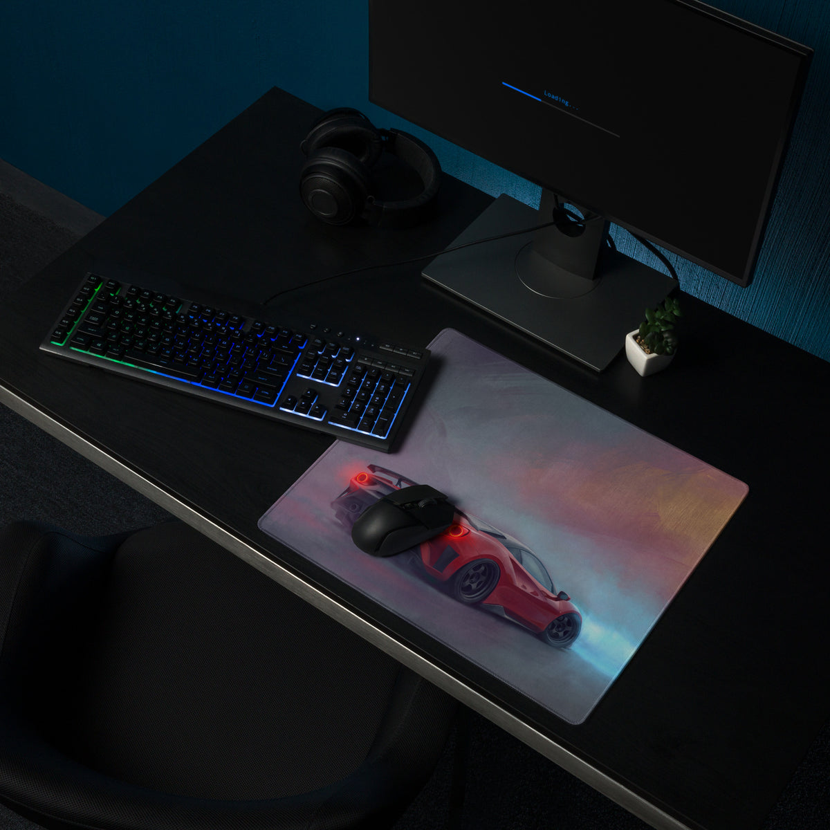 Ferrari 488 inspired crimson drift desk mat with red sports car graphic and low-friction cloth under blue purple lighting