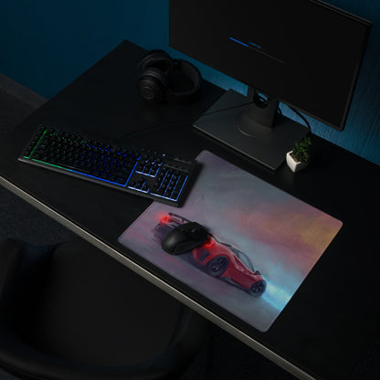 Ferrari 488 inspired crimson drift desk mat with red sports car graphic and low-friction cloth under blue purple lighting