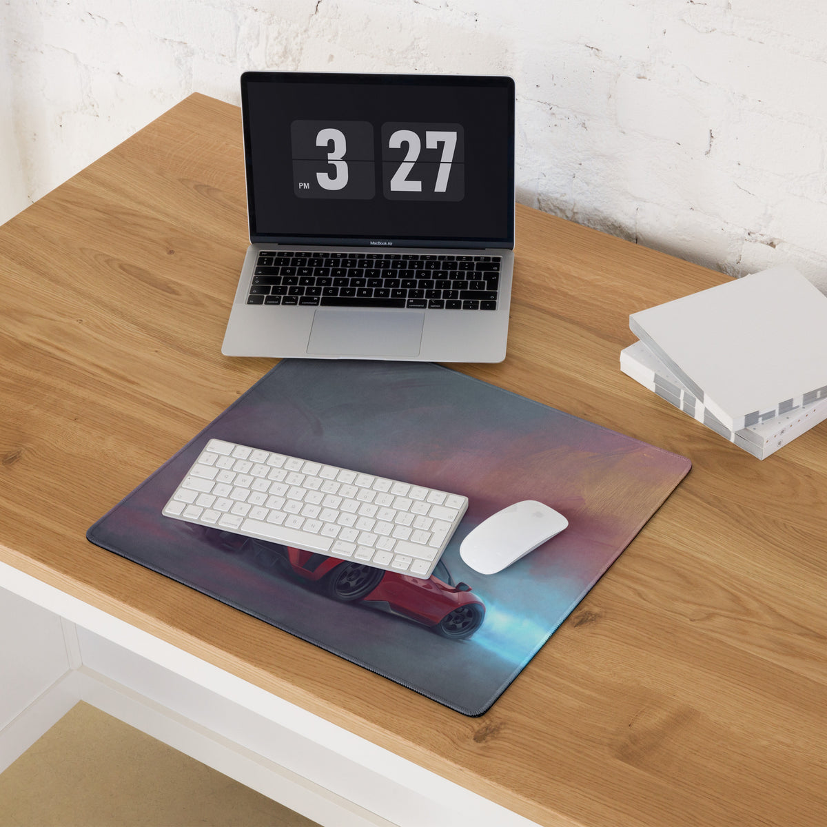 Rectangular low-friction cloth mousepad featuring a vibrant red Ferrari 488 inspired sports car graphic on a gradient sky background