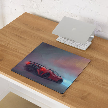 Ferrari 488 inspired crimson drift desk mat featuring a red sports car graphic with sleek design and low-friction cloth texture